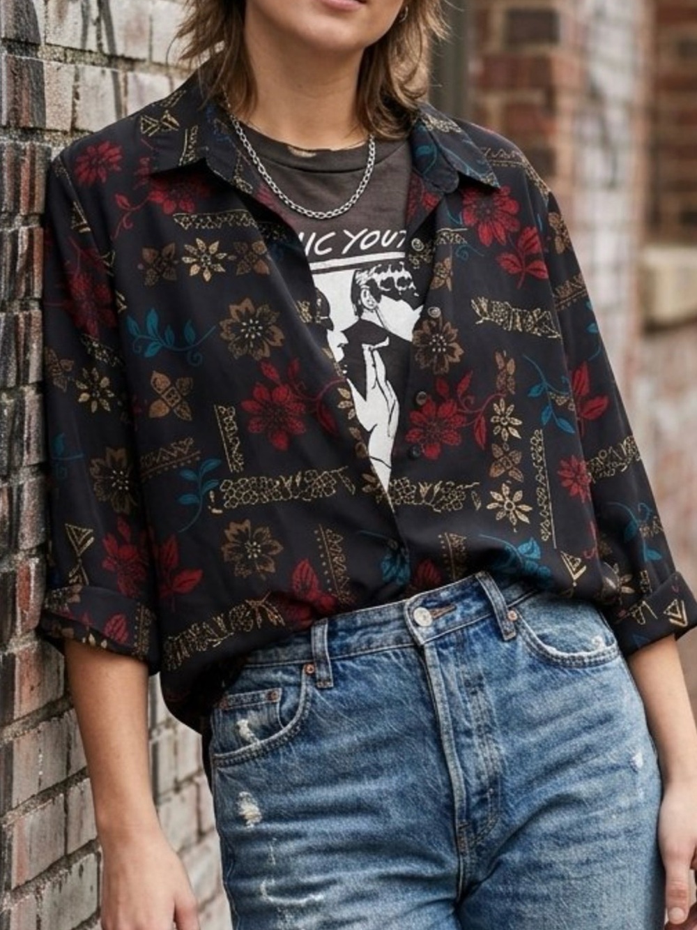 90s Vintage BonWorth Tunic Button-up 3/4 Sleeve Black Red Teal Floral Grandma XL